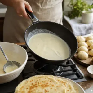 Tvarohová plnka sa ukladá do stredu palacinky a okraje sa skladajú do taštičky.